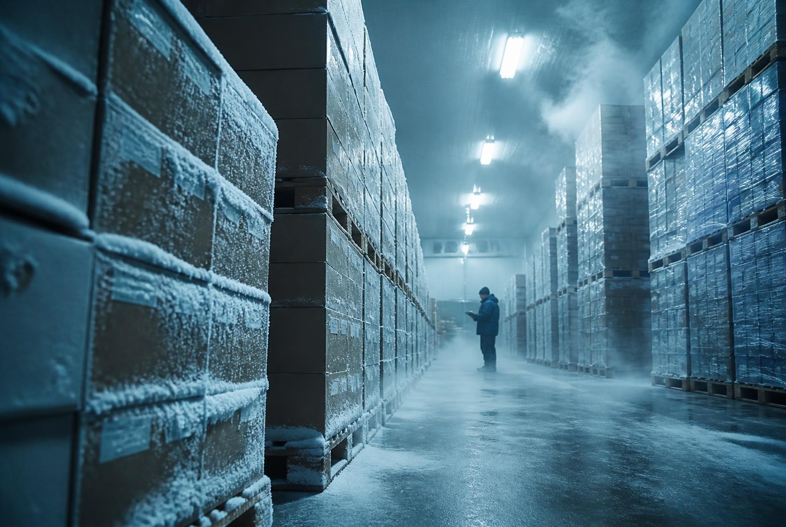 Pallets of cartons inside a cold storage warehouse
