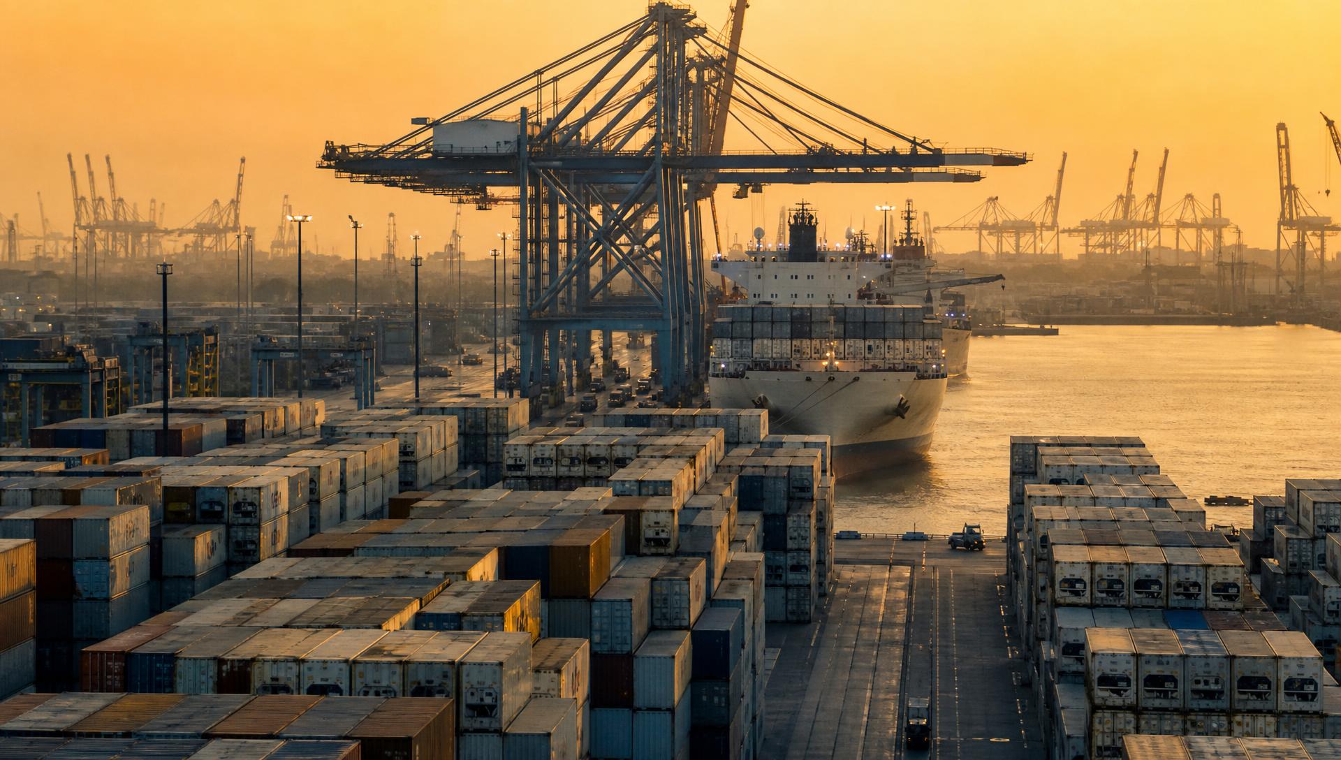 Container vessel loading at an international port terminal at dusk