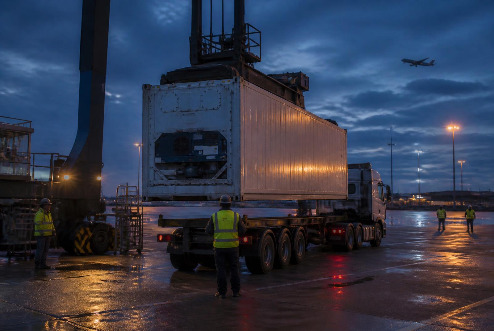 Refrigerated container being loaded at a distribution warehouse
